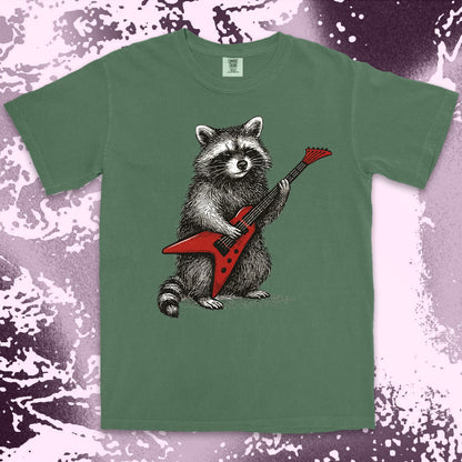 rockstar raccoon comfort colors t-shirt playing red electric guitar