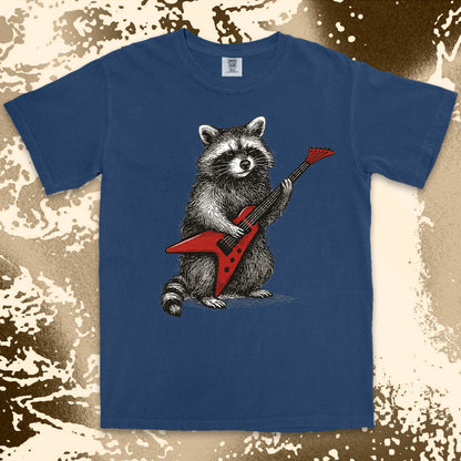 rockstar raccoon comfort colors t-shirt playing red electric guitar