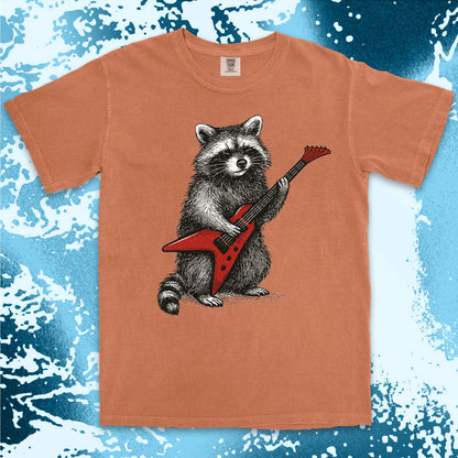 rockstar raccoon comfort colors t-shirt playing red electric guitar