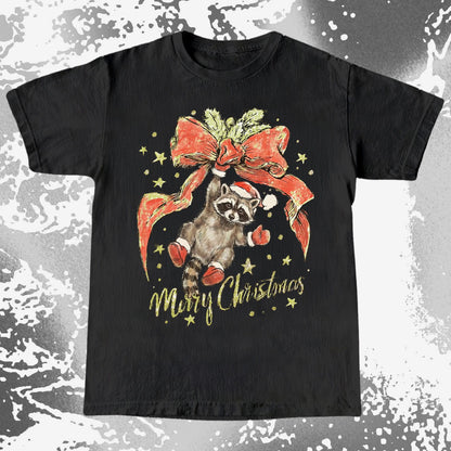 Merry Christmas Raccoon Hanging Bow Shirt