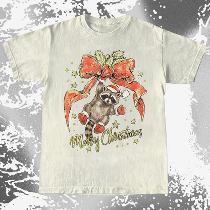 Merry Christmas Raccoon Hanging Bow Shirt