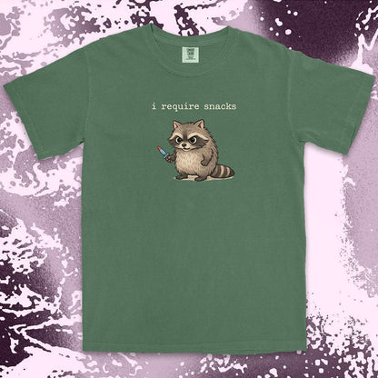 Cute raccoon shirt with ÒI require snacksÓ quote, chubby raccoon holding a small knife. Comfort Color t-shirt.