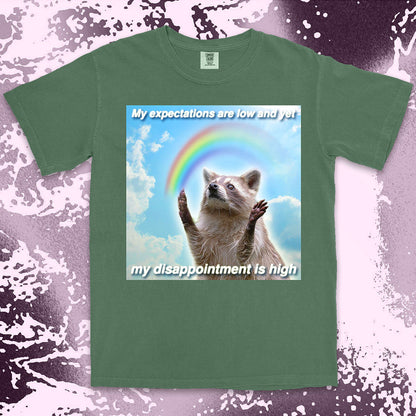 low expectations high disappointment raccoon shirt funny sad meme tee