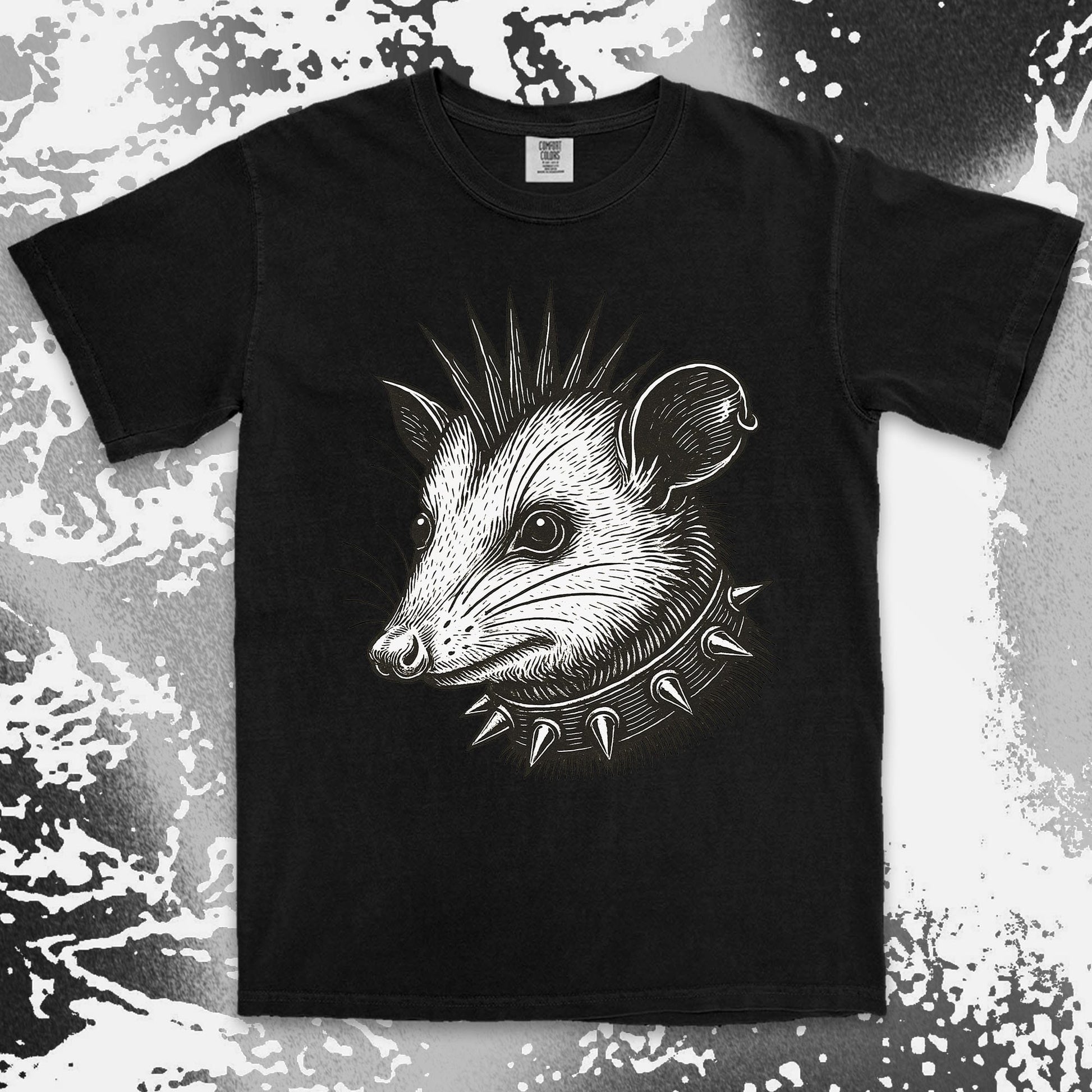 punk possum graphic t-shirt with spikes collar