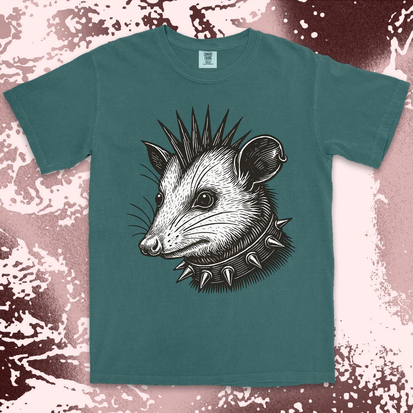 punk possum graphic t-shirt with spikes collar