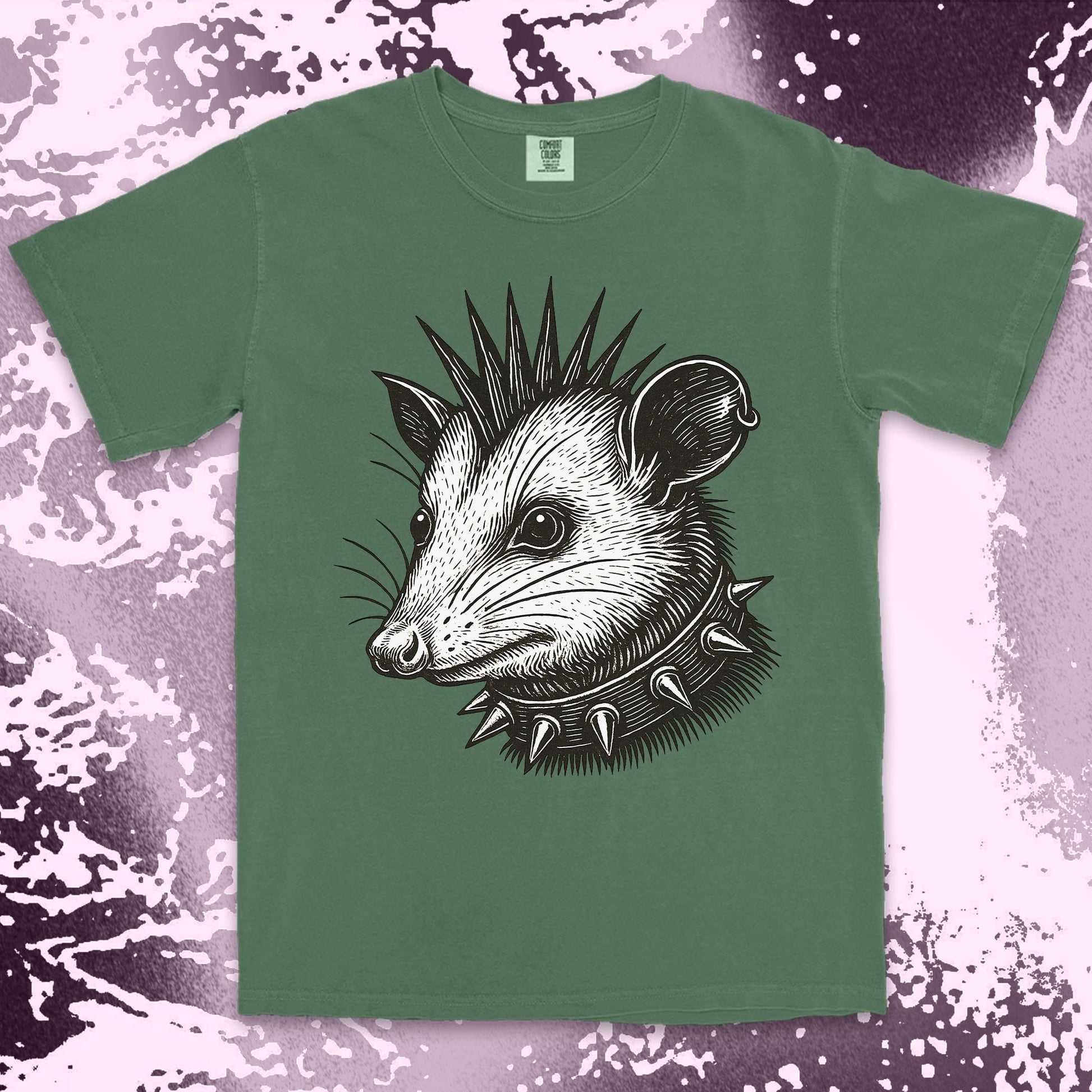 punk possum graphic t-shirt with spikes collar