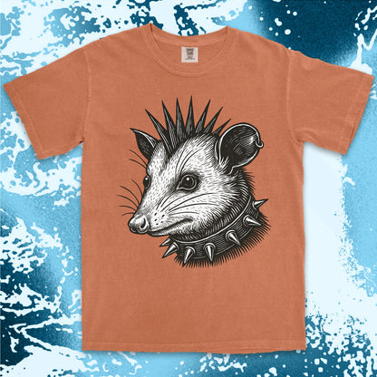 punk possum graphic t-shirt with spikes collar
