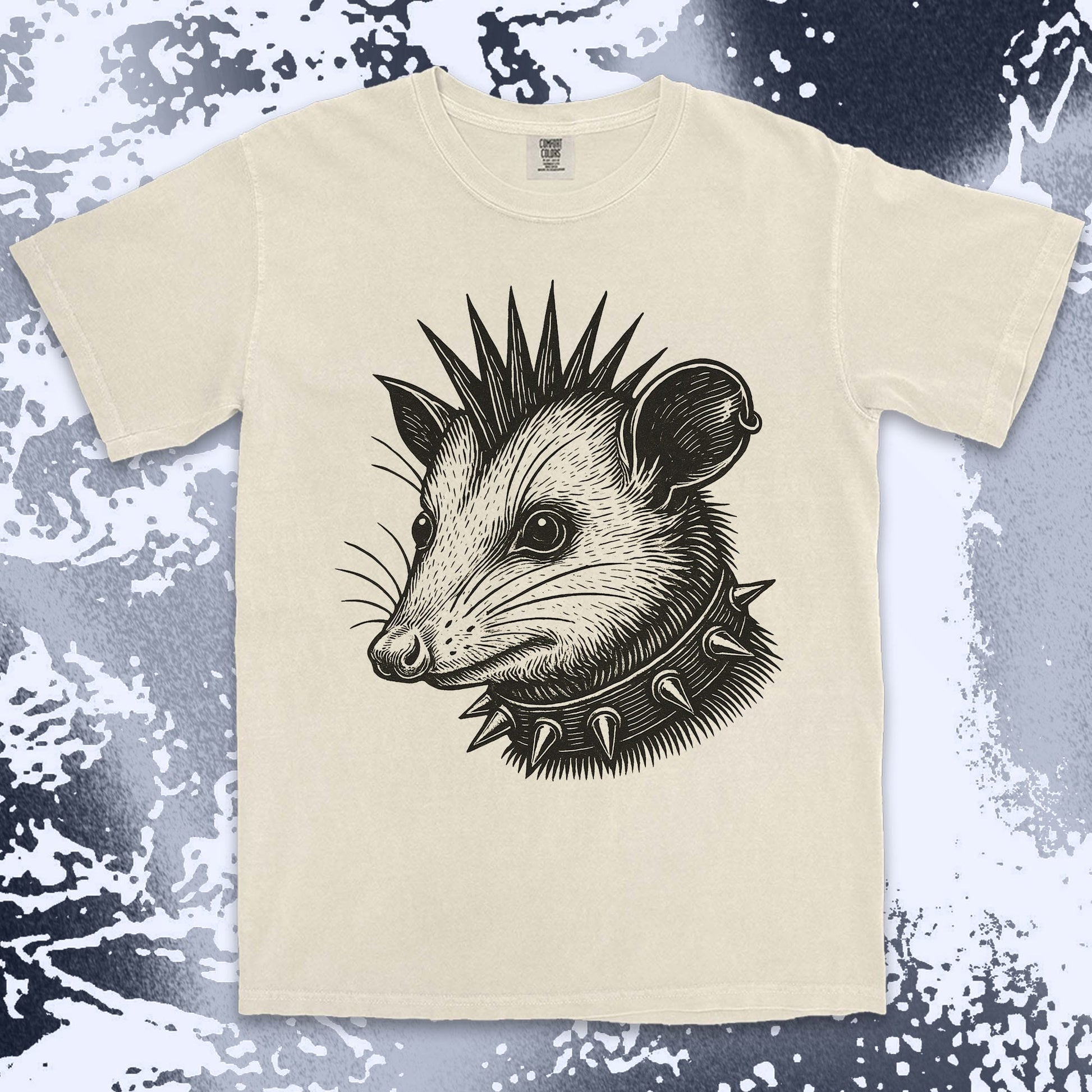 punk possum graphic t-shirt with spikes collar