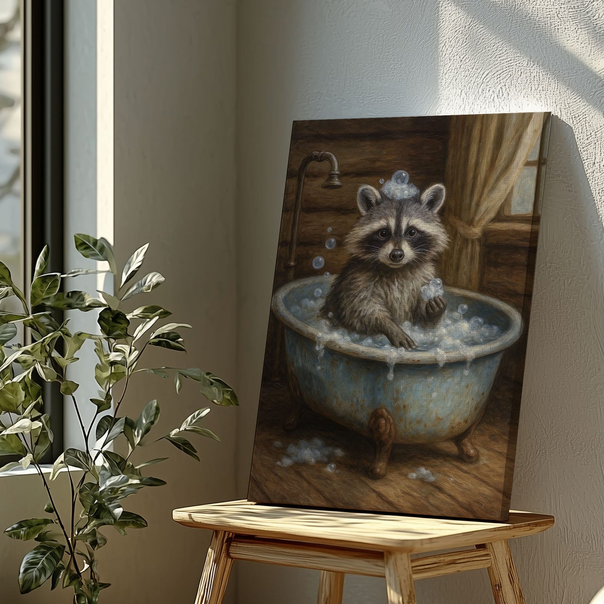Whimsical raccoon bath canvas wall art featuring a raccoon in a vintage tub with bubbles inside a rustic wooden cabin