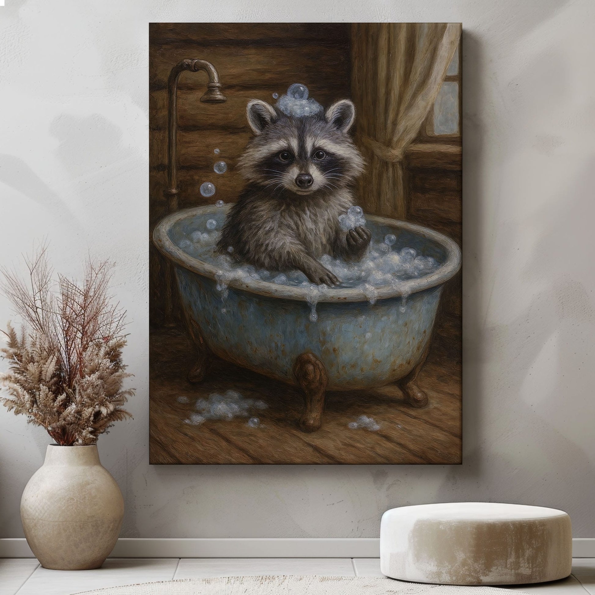 Whimsical raccoon bath canvas wall art featuring a raccoon in a vintage tub with bubbles inside a rustic wooden cabin