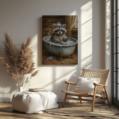 Whimsical raccoon bath canvas wall art featuring a raccoon in a vintage tub with bubbles inside a rustic wooden cabin