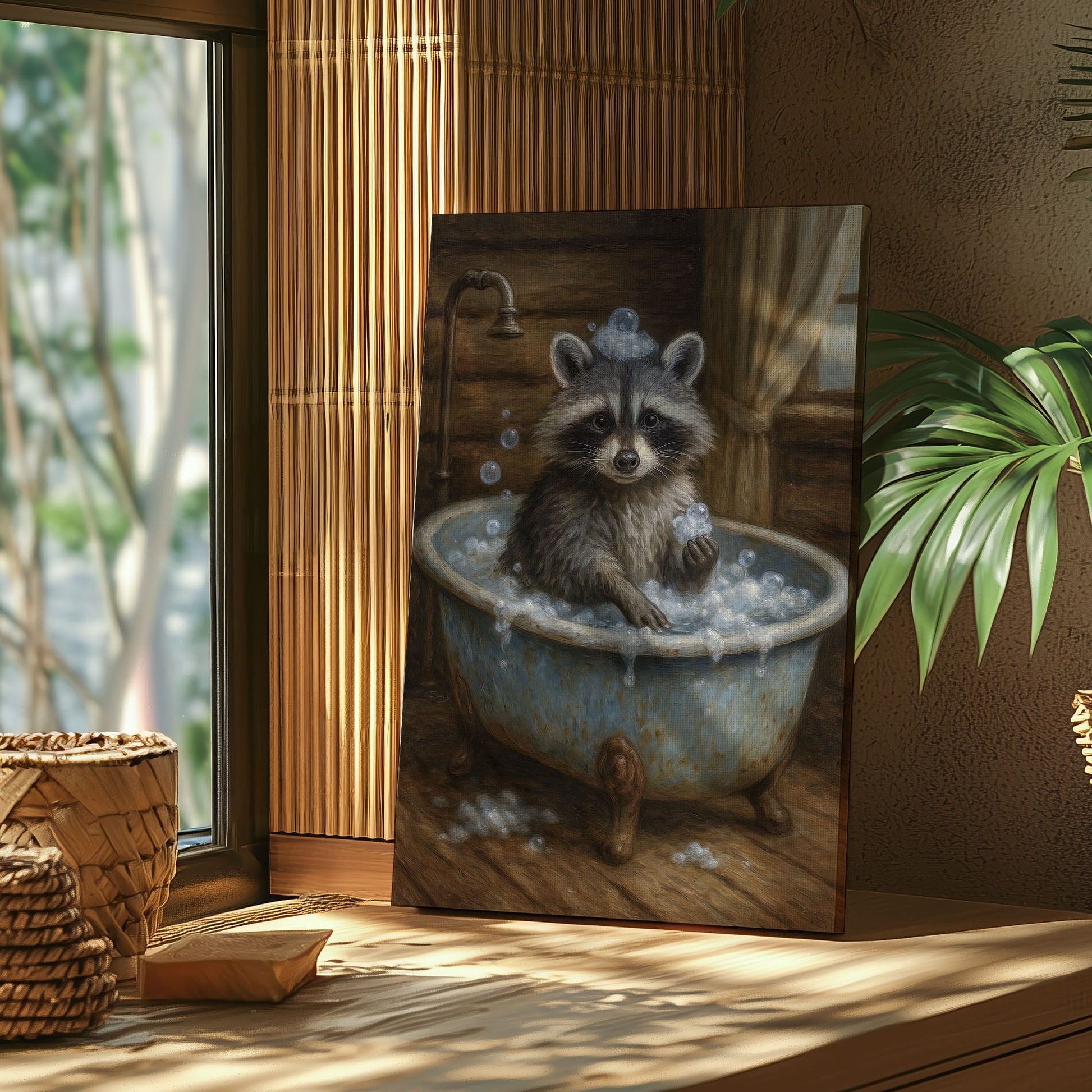 Whimsical raccoon bath canvas wall art featuring a raccoon in a vintage tub with bubbles inside a rustic wooden cabin