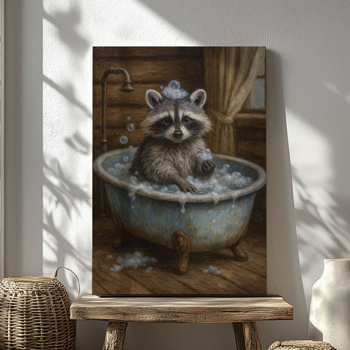 Whimsical raccoon bath canvas wall art featuring a raccoon in a vintage tub with bubbles inside a rustic wooden cabin