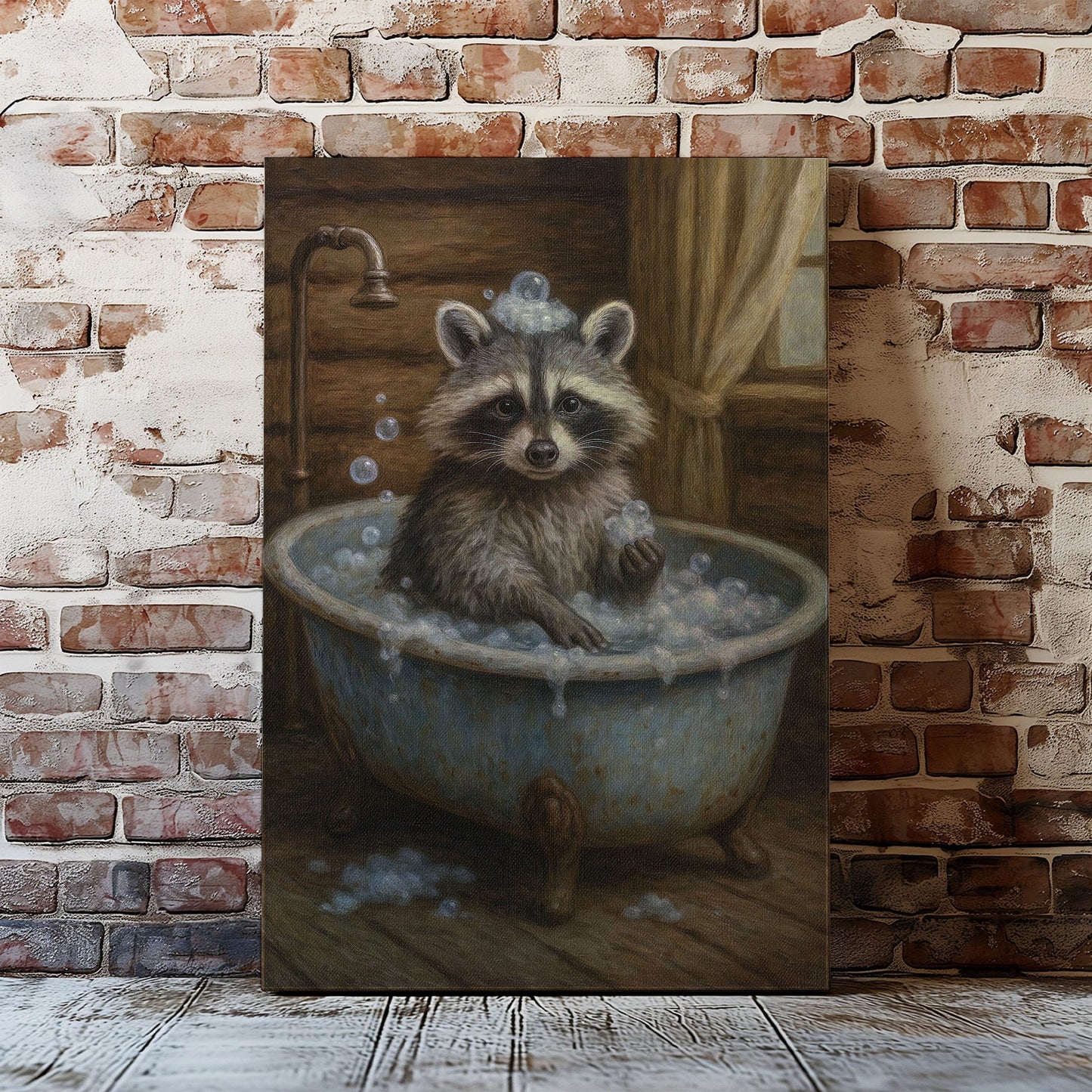 Whimsical raccoon bath canvas wall art featuring a raccoon in a vintage tub with bubbles inside a rustic wooden cabin