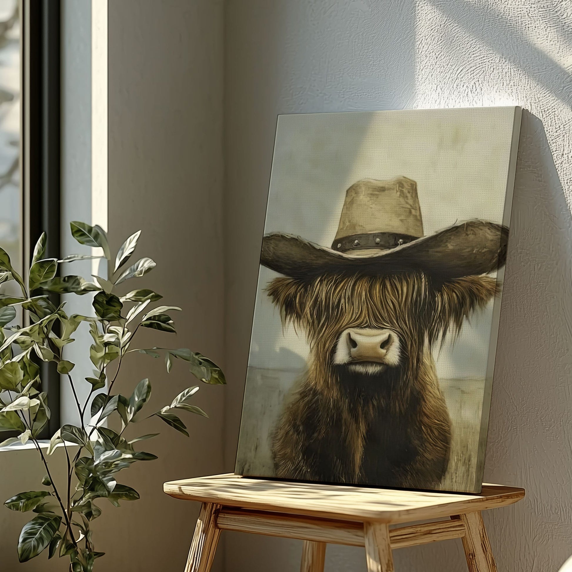 Cowboy Highland cow canvas wall art featuring a brown long-haired cow with a vintage cowboy hat in rustic western style