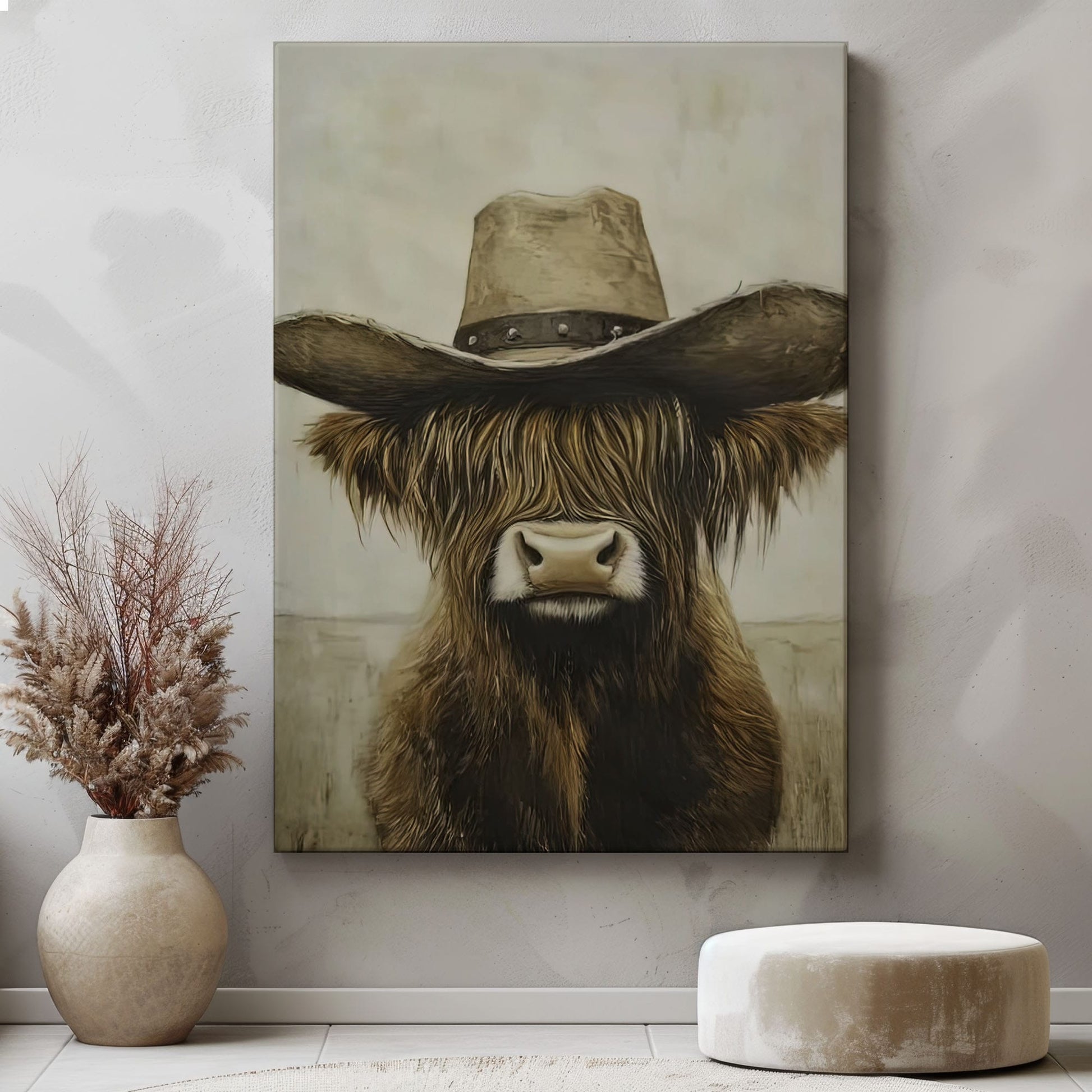 Cowboy Highland cow canvas wall art featuring a brown long-haired cow with a vintage cowboy hat in rustic western style