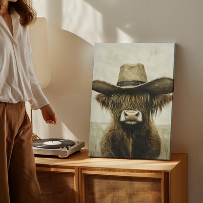 Cowboy Highland cow canvas wall art featuring a brown long-haired cow with a vintage cowboy hat in rustic western style