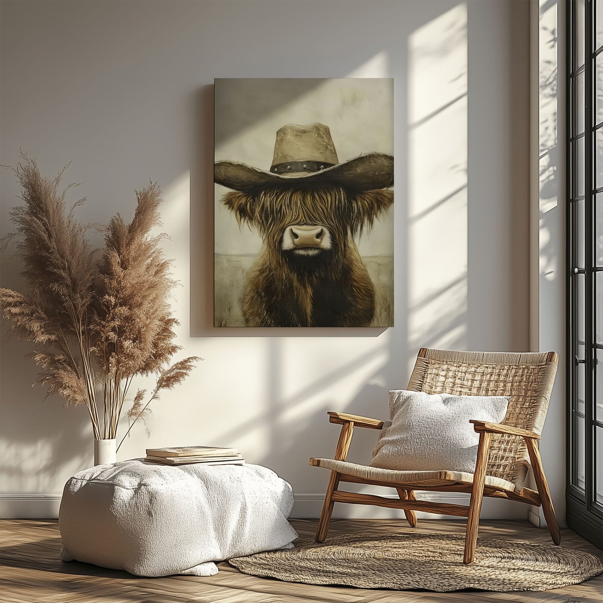 Cowboy Highland cow canvas wall art featuring a brown long-haired cow with a vintage cowboy hat in rustic western style