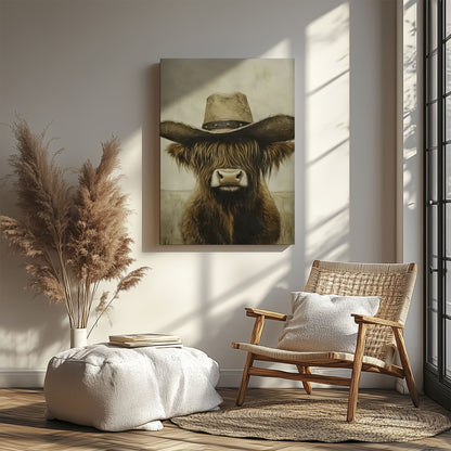 Cowboy Highland cow canvas wall art featuring a brown long-haired cow with a vintage cowboy hat in rustic western style