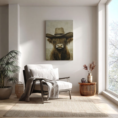 Cowboy Highland cow canvas wall art featuring a brown long-haired cow with a vintage cowboy hat in rustic western style