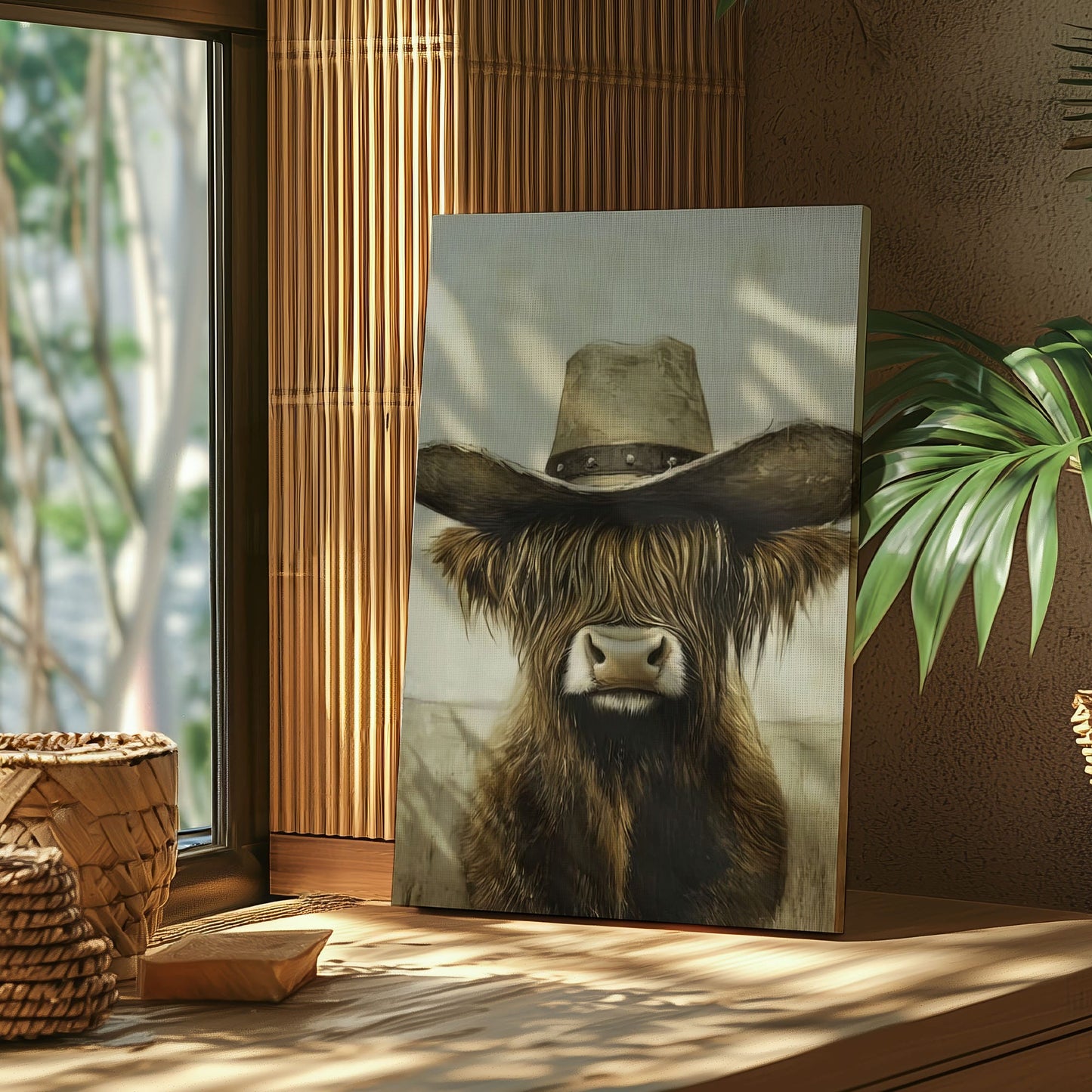 Cowboy Highland cow canvas wall art featuring a brown long-haired cow with a vintage cowboy hat in rustic western style