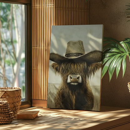 Cowboy Highland cow canvas wall art featuring a brown long-haired cow with a vintage cowboy hat in rustic western style