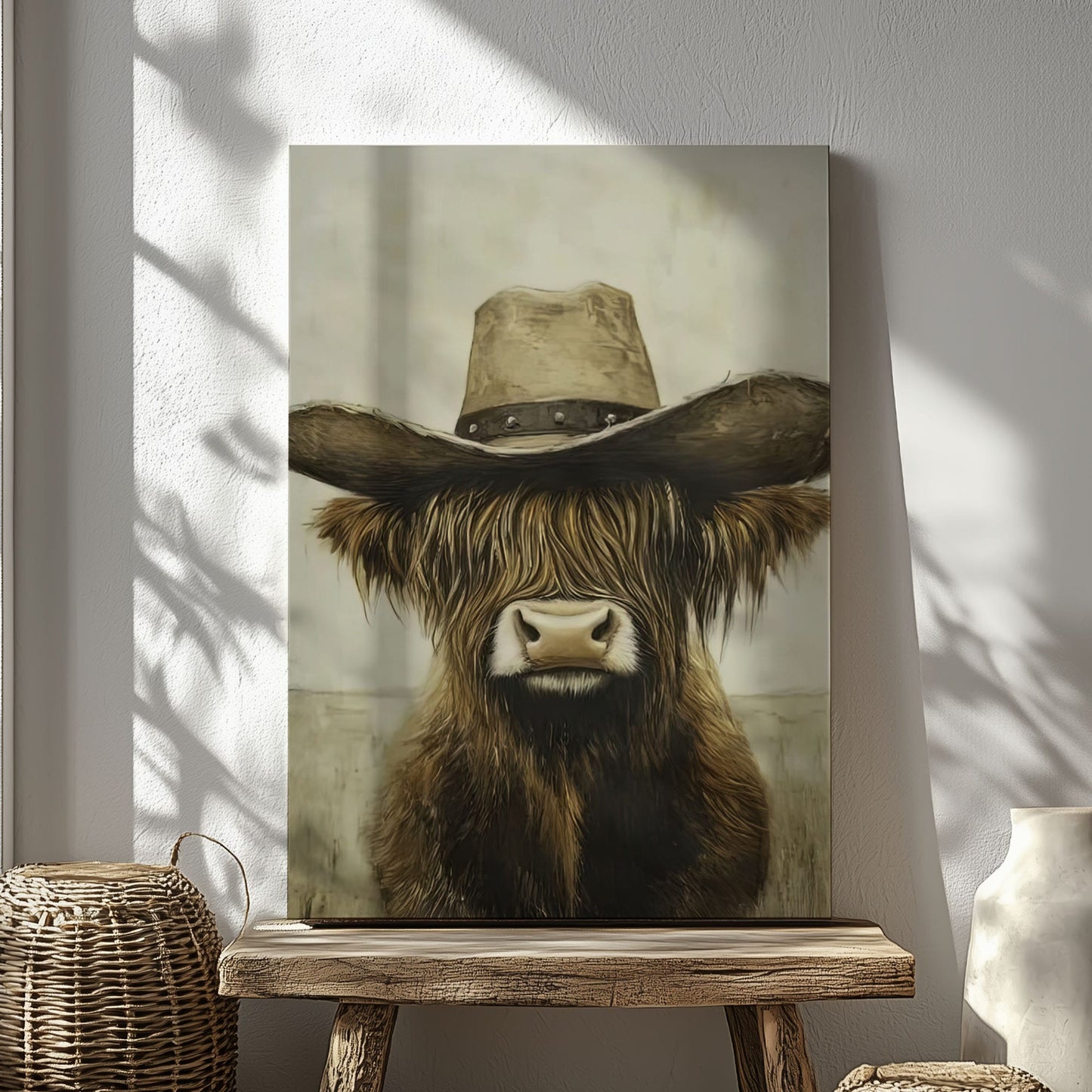 Cowboy Highland cow canvas wall art featuring a brown long-haired cow with a vintage cowboy hat in rustic western style