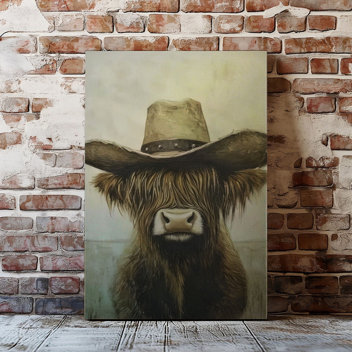 Cowboy Highland cow canvas wall art featuring a brown long-haired cow with a vintage cowboy hat in rustic western style