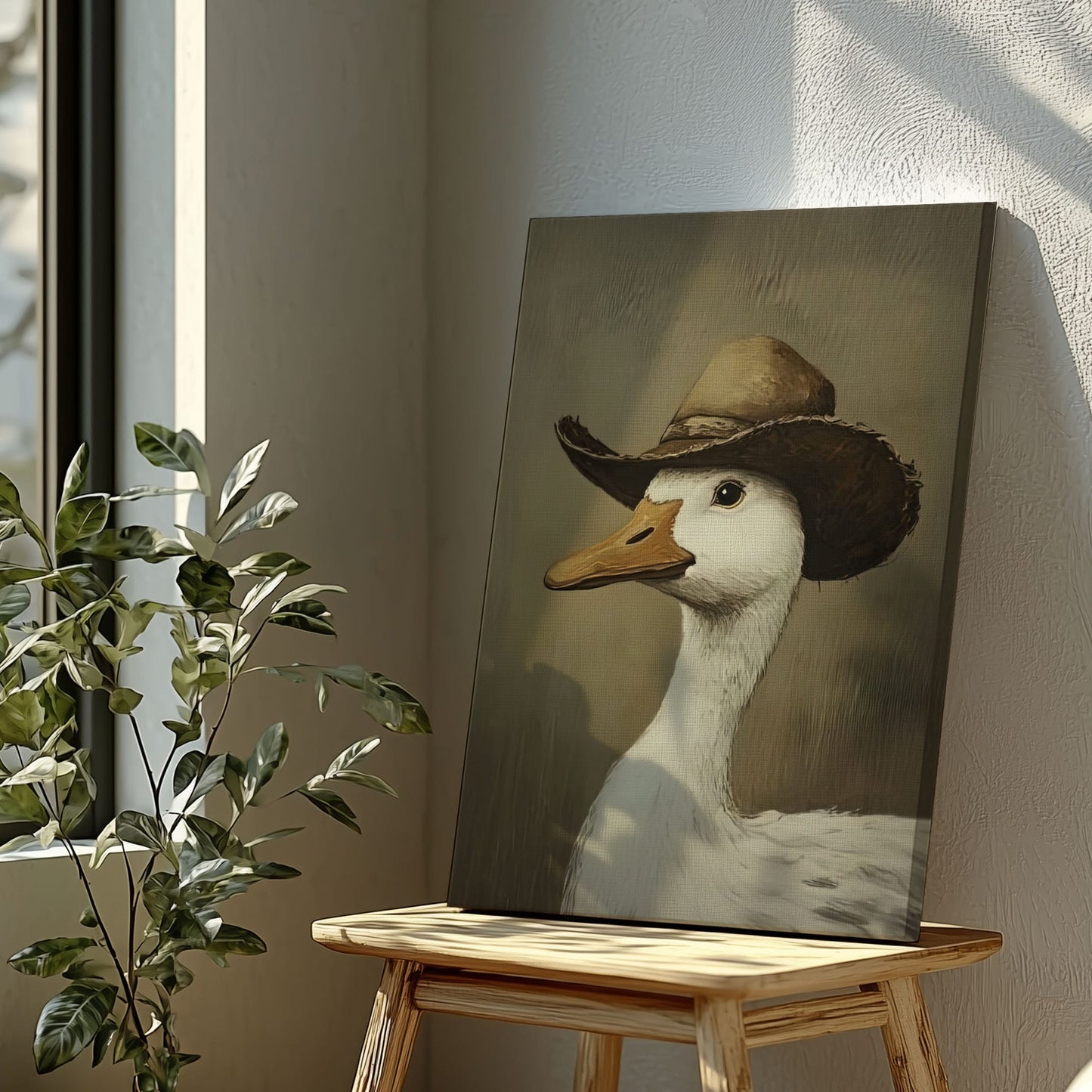 Cowboy duck canvas wall art featuring a white duck wearing a vintage brown cowboy hat in rustic farmhouse style