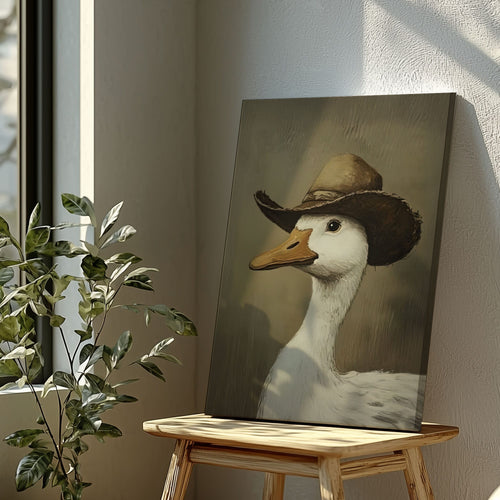 Cowboy duck canvas wall art featuring a white duck wearing a vintage brown cowboy hat in rustic farmhouse style