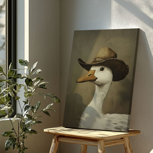 Cowboy duck canvas wall art featuring a white duck wearing a vintage brown cowboy hat in rustic farmhouse style