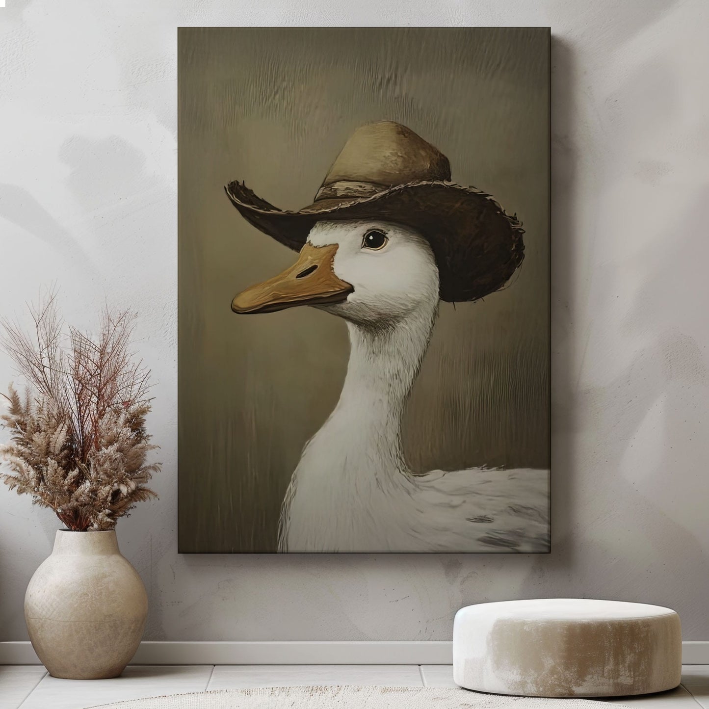 Cowboy duck canvas wall art featuring a white duck wearing a vintage brown cowboy hat in rustic farmhouse style