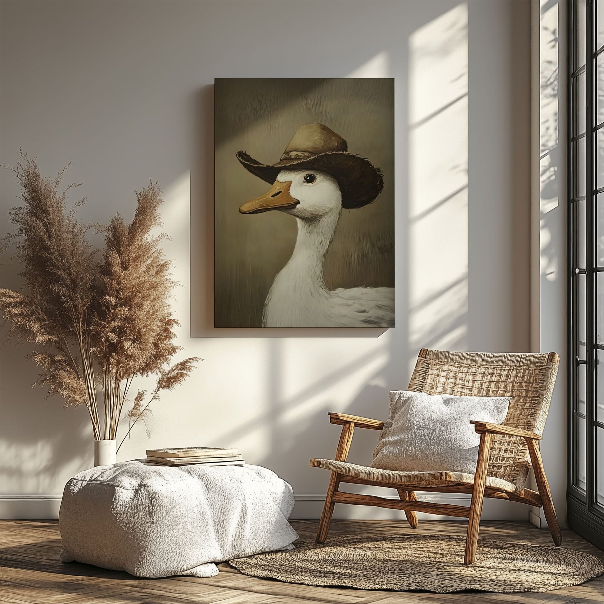 Cowboy duck canvas wall art featuring a white duck wearing a vintage brown cowboy hat in rustic farmhouse style