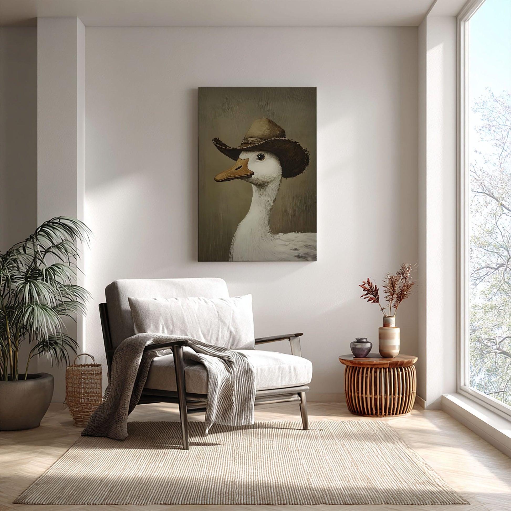 Cowboy duck canvas wall art featuring a white duck wearing a vintage brown cowboy hat in rustic farmhouse style