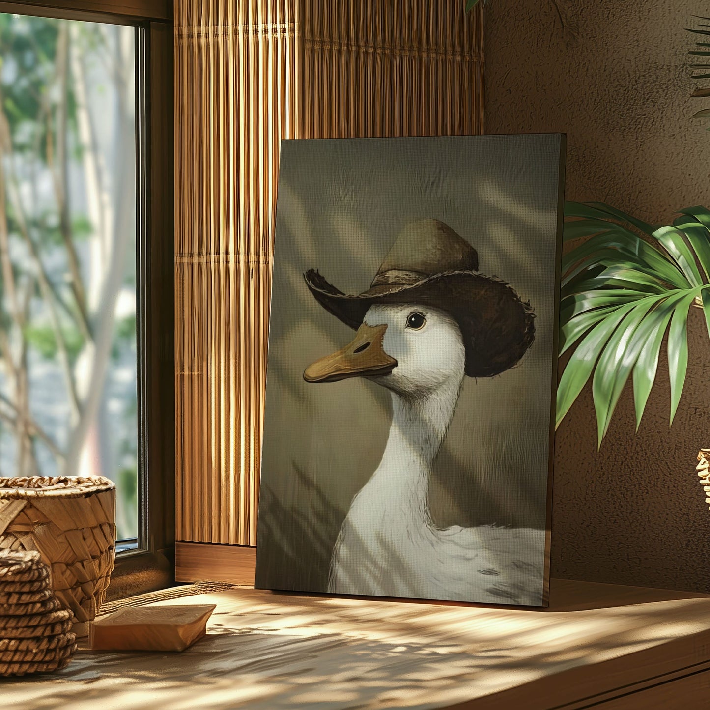 Cowboy duck canvas wall art featuring a white duck wearing a vintage brown cowboy hat in rustic farmhouse style