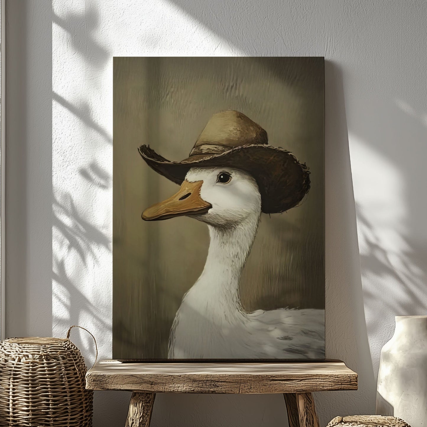 Cowboy duck canvas wall art featuring a white duck wearing a vintage brown cowboy hat in rustic farmhouse style