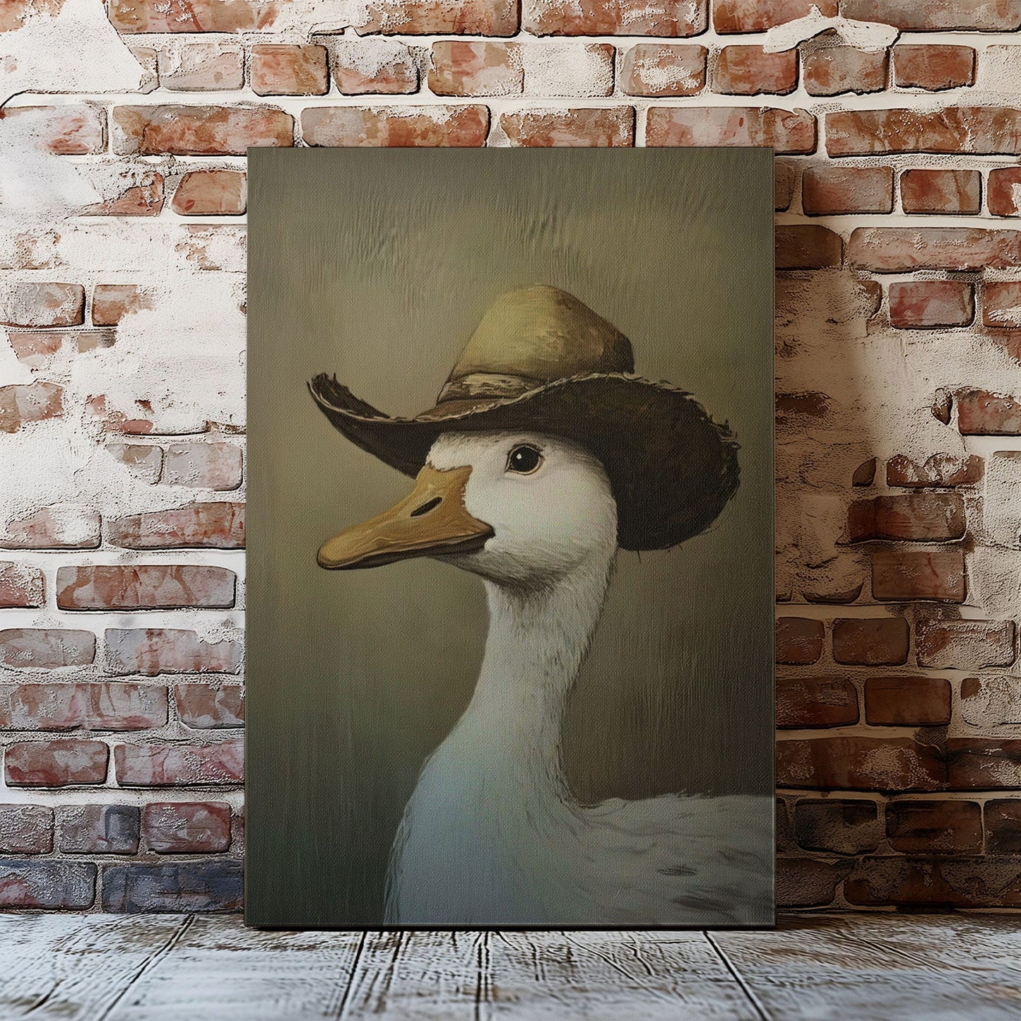 Cowboy duck canvas wall art featuring a white duck wearing a vintage brown cowboy hat in rustic farmhouse style