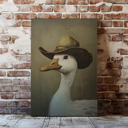 Cowboy duck canvas wall art featuring a white duck wearing a vintage brown cowboy hat in rustic farmhouse style