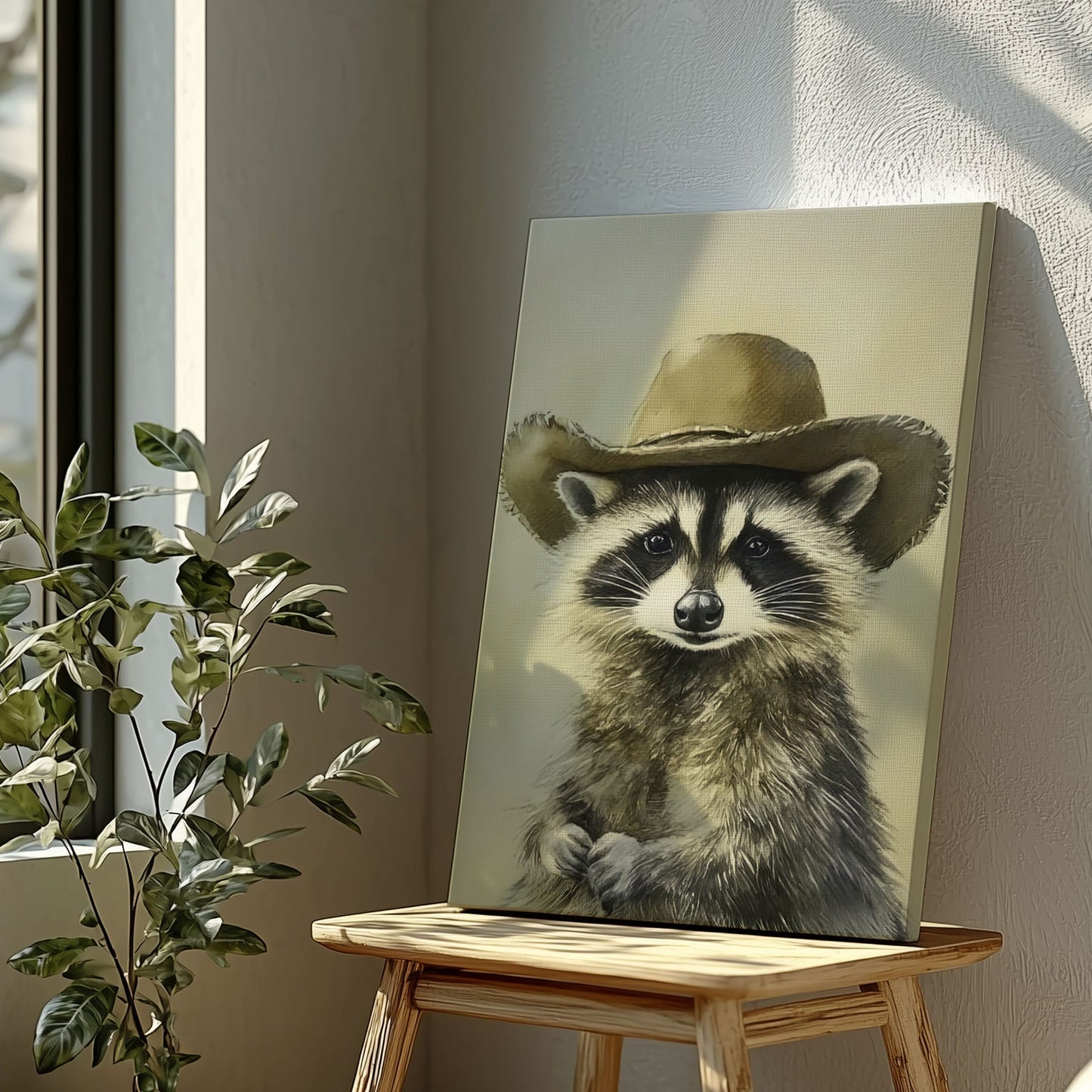 Cowboy raccoon canvas wall art featuring a raccoon wearing a vintage brown cowboy hat in rustic western style