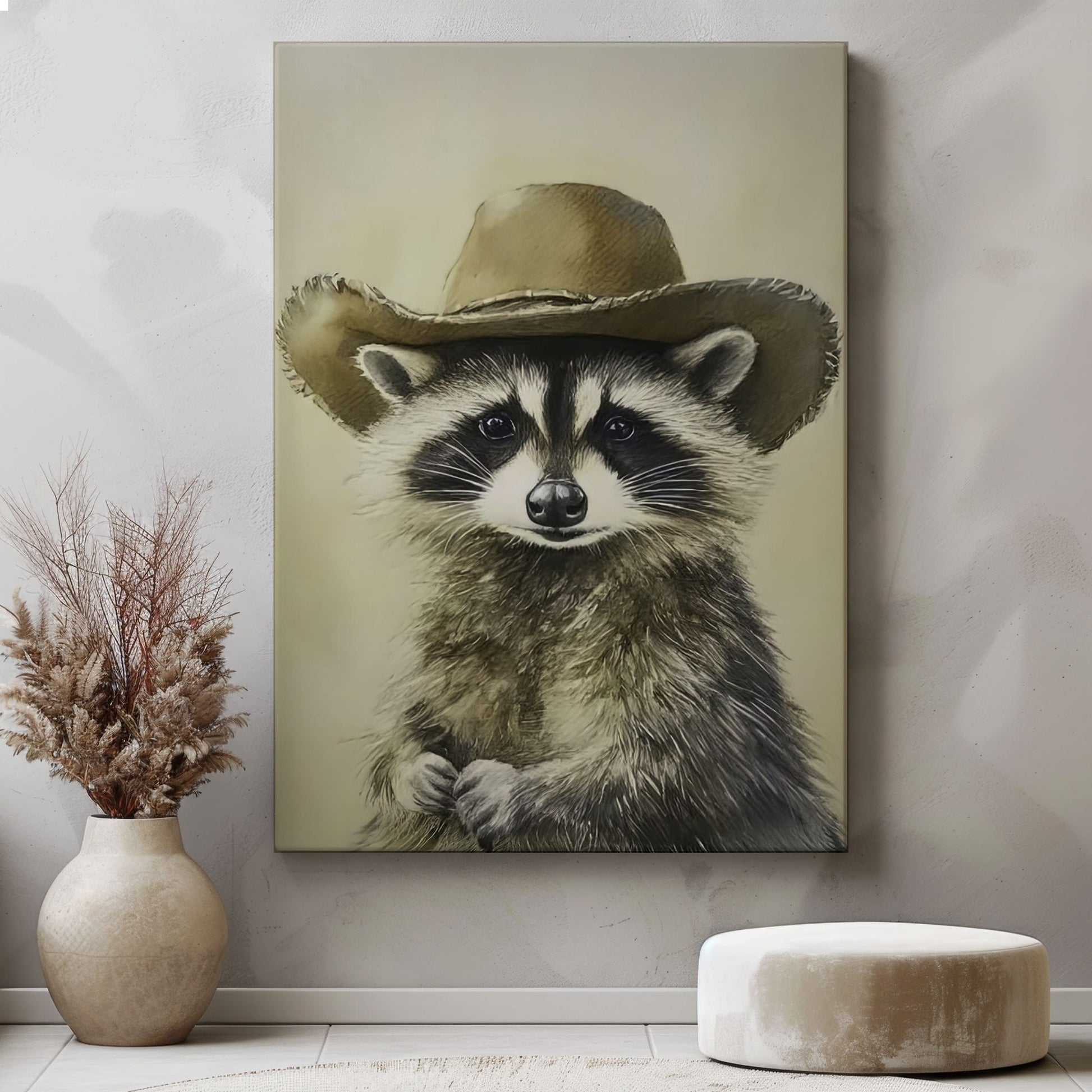 Cowboy raccoon canvas wall art featuring a raccoon wearing a vintage brown cowboy hat in rustic western style