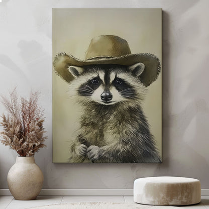 Cowboy raccoon canvas wall art featuring a raccoon wearing a vintage brown cowboy hat in rustic western style
