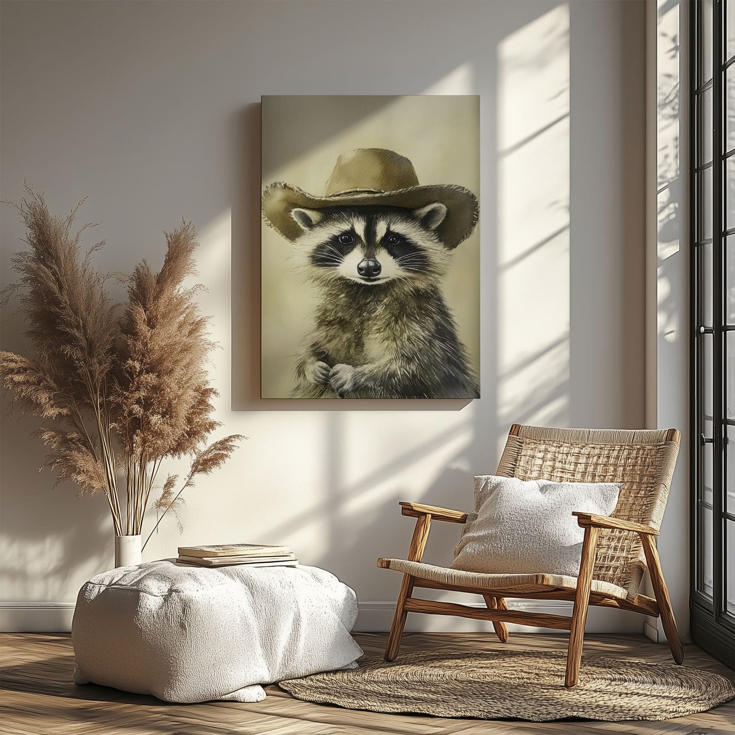 Cowboy raccoon canvas wall art featuring a raccoon wearing a vintage brown cowboy hat in rustic western style
