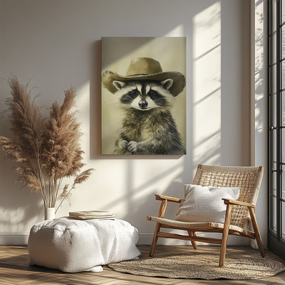Cowboy raccoon canvas wall art featuring a raccoon wearing a vintage brown cowboy hat in rustic western style