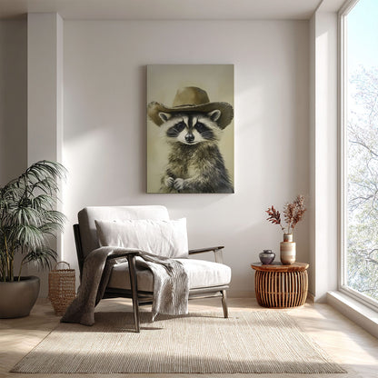 Cowboy raccoon canvas wall art featuring a raccoon wearing a vintage brown cowboy hat in rustic western style