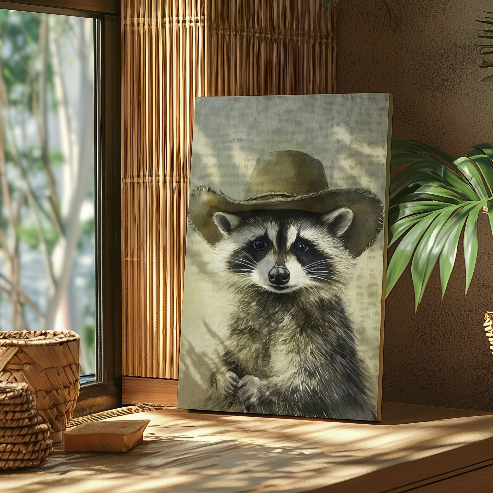 Cowboy raccoon canvas wall art featuring a raccoon wearing a vintage brown cowboy hat in rustic western style