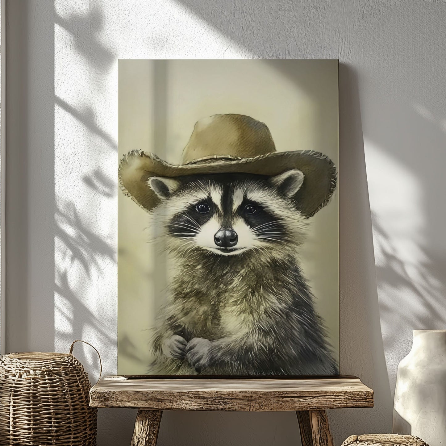 Cowboy raccoon canvas wall art featuring a raccoon wearing a vintage brown cowboy hat in rustic western style