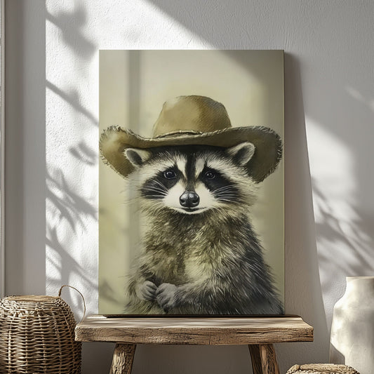 Cowboy raccoon canvas wall art featuring a raccoon wearing a vintage brown cowboy hat in rustic western style