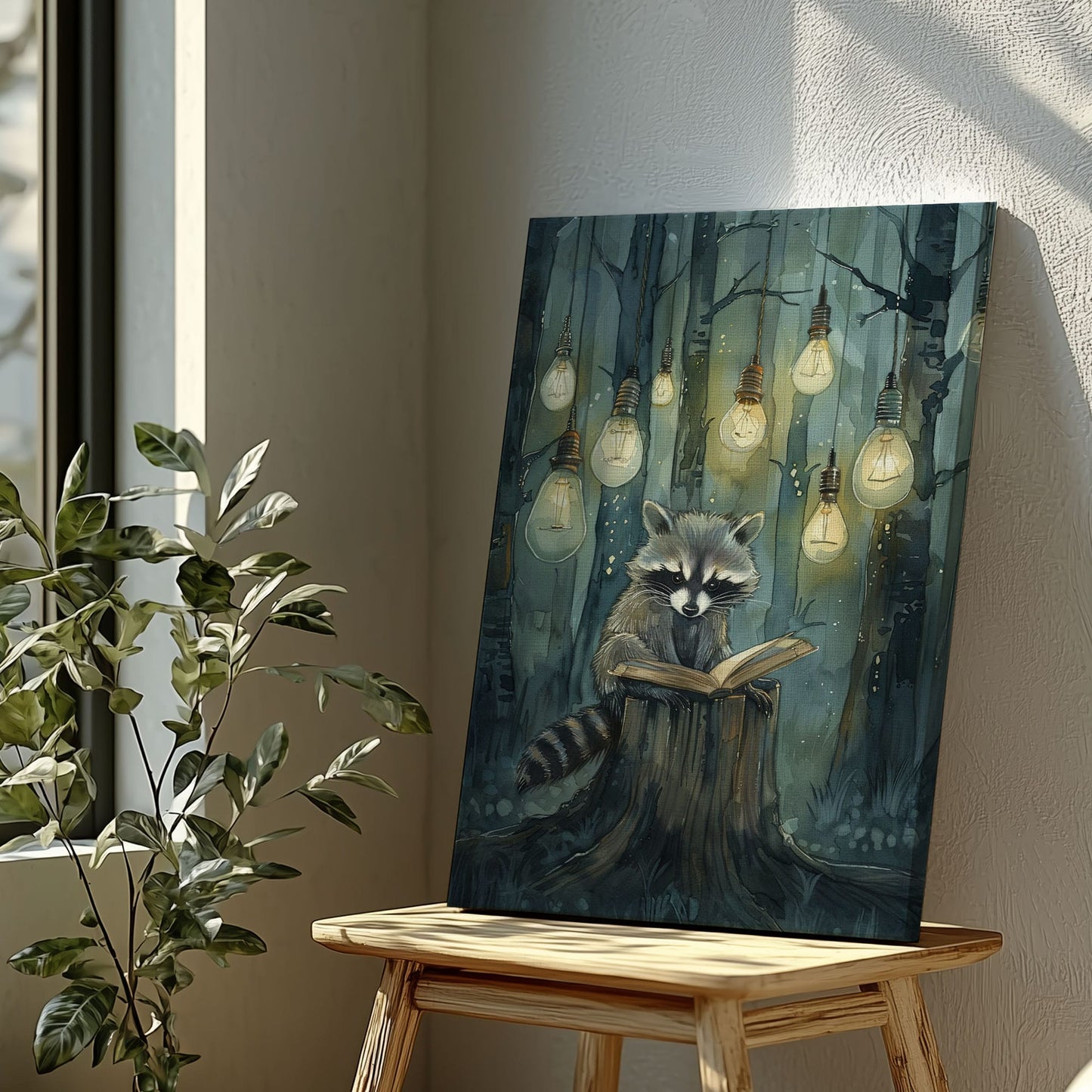 Whimsical raccoon reading canvas wall art featuring a raccoon with an open book under hanging lights in a dark enchanted forest
