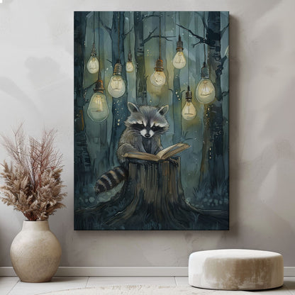 Whimsical raccoon reading canvas wall art featuring a raccoon with an open book under hanging lights in a dark enchanted forest