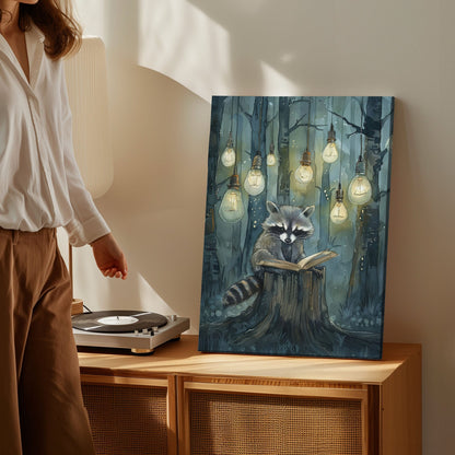 Whimsical raccoon reading canvas wall art featuring a raccoon with an open book under hanging lights in a dark enchanted forest